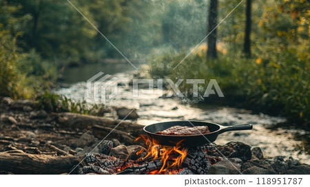 Rustic Outdoor Cooking Scene with Steak in Cast Iron Skillet by Flowing River in Serene Forest Setting 118951787
