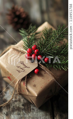 Beautifully Wrapped Christmas Gift with Handwritten Tag and Pine Sprig on Rustic Wooden Background 118951788