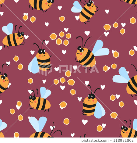 Seamless pattern with bees on color background. Small wasp. Vector illustration. Adorable cartoon character. Template design for invitation, cards, textile, fabric. Doodle style Seamless pattern with bees on color background. Small wasp. Vector illustration. Adorable cartoon character. Template design for invitation, cards, textile, fabric. Doodle style 118951802