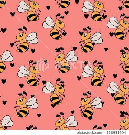 Seamless pattern with bees on color background. Small wasp. Vector illustration. Adorable cartoon character. Template design for invitation, cards, textile, fabric. Doodle style Seamless pattern with bees on color background. Small wasp. Vector illustration. Adorable cartoon character. Template design for invitation, cards, textile, fabric. Doodle style 118951804
