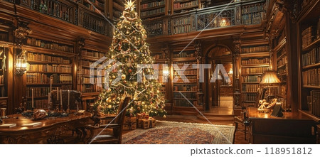 Elegant Christmas Tree in Grand Library with Literary Ornaments and Antique Decor for Holiday Design 118951812