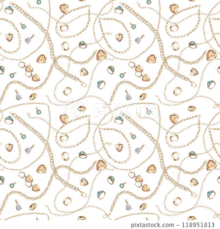 Seamless pattern of tangled chains, pendants, rings, bracelets on a white background. Watercolor illustration for gift wrap design, fabric printing, window dressing and headbands Seamless pattern of tangled chains, pendants, rings, bracelets on a white background. Watercolor illustration for gift wrap design, fabric printing, window dressing and headbands 118951813