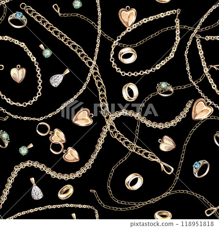 Seamless pattern of tangled chains, pendants, rings, bracelets on a black background. Watercolor illustration for gift wrap design, fabric printing, window dressing and headbands Seamless pattern of tangled chains, pendants, rings, bracelets on a black background. Watercolor illustration for gift wrap design, fabric printing, window dressing and headbands 118951818