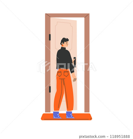 Woman Character at the Door as Home Entrance Vector Illustration Woman Character at the Door as Home Entrance Vector Illustration 118951888