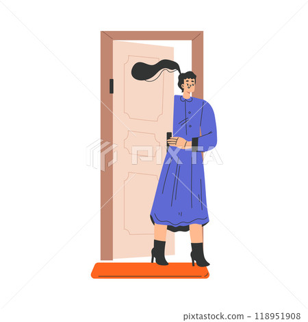 Woman Character at the Door as Home Entrance Vector Illustration 118951908