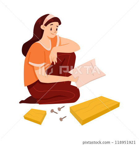 Woman Character Assemble Furniture as DIY Home Repair Work Vector Illustration 118951921