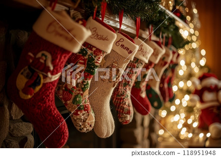 Festive Christmas Stockings on Fireplace Mantle with Holiday Decorations and Warm Lighting 118951948