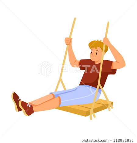 Happy Boy on Rope Swing Rocking and Relaxing Vector Illustration 118951955