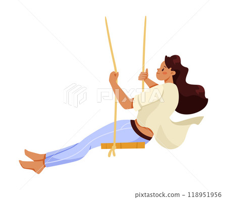 Happy Woman on Rope Swing Rocking and Relaxing Vector Illustration 118951956