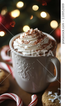 Cozy Holiday Hot Chocolate with Whipped Cream and Festive Cookies by Christmas Tree 118952009