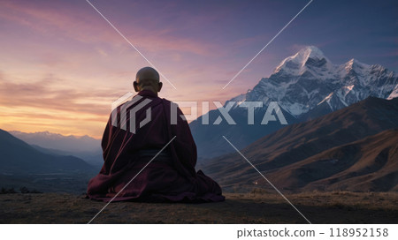 Buddhist monk sitting in the lotus position 118952158