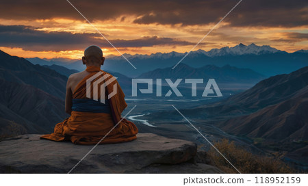 Buddhist monk sitting in the lotus position 118952159