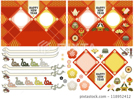 Year of the Snake illustration New Year's card design material "Japanese-style frame of snake parent and child and auspicious items" HAPPY NEW YEAR 118952412