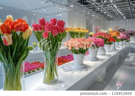 modern flower shop with tulips, roses pions in identical vases in showcase, minimal white interior modern flower shop with tulips, roses pions in identical vases in showcase, minimal white interior 118952600