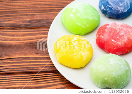 Mix of colorful mochi . Traditional japanese dessert Mix of colorful mochi . Traditional japanese dessert 118952656