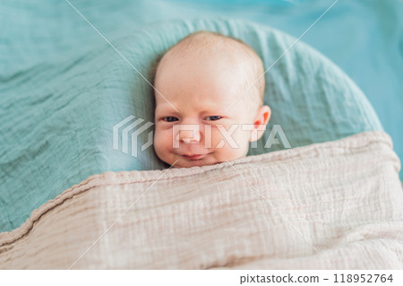 The baby is sleeping peacefully in his cozy nest. Newborn photo session captures the serene innocence and warmth of early moments The baby is sleeping peacefully in his cozy nest. Newborn photo session captures the serene innocence and warmth of early moments 118952764