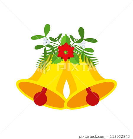 Two Christmas bells with poinsettia flower and fir branch floral garland. Two Christmas bells with poinsettia flower and fir branch floral garland. 118952843
