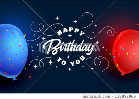 happy birthday celebration card with realistic balloons and confetti happy birthday celebration card with realistic balloons and confetti 118952969