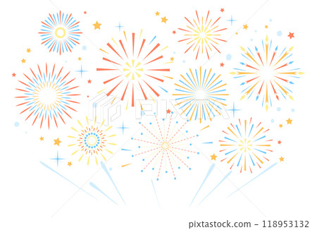Fireworks show in sky. Festival background with bursting sparks 118953132