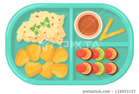 Cafeteria tray with food. School canteen plastic plate Cafeteria tray with food. School canteen plastic plate 118953157