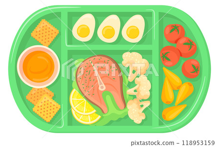 Lunch tray. Cartoon cafeteria food. School meal Lunch tray. Cartoon cafeteria food. School meal 118953159