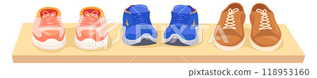 Sneakers on shelf. Cartoon athletic shoe. Active lifestyle 118953160