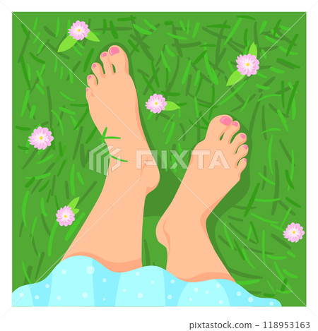 Bare feet on green grass top view. Nature selfie Bare feet on green grass top view. Nature selfie 118953163