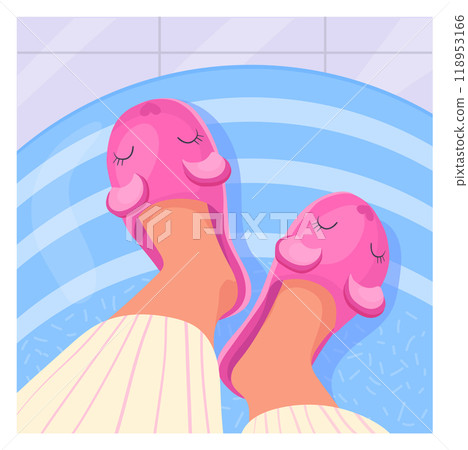 Legs selfie. Cozy home slippers on bathroom floor top view 118953166