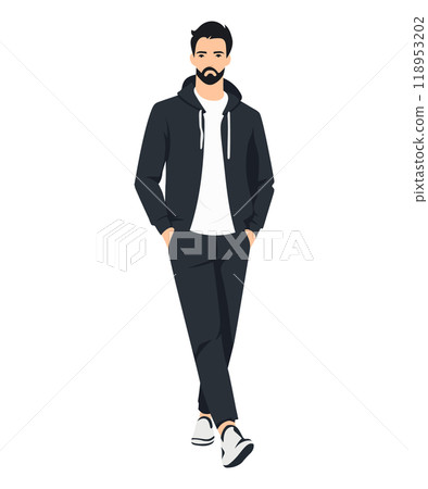 Vector illustration of a man in a black jacket, white t-shirt and black pants. Classic casual style Vector illustration of a man in a black jacket, white t-shirt and black pants. Classic casual style 118953202