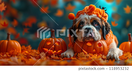 Halloween cute Saint Bernard puppy dog, carved jack-o'-lanterns, pumpkin, banner copy space horizontal 118953232