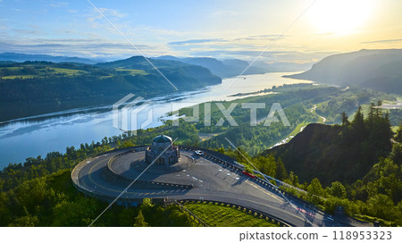 Aerial View of Vista House Overlooking Columbia River at Golden Hour Aerial View of Vista House Overlooking Columbia River at Golden Hour 118953323