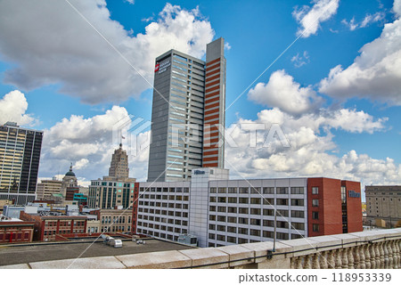 Fort Wayne Urban Skyline with Dramatic Clouds, High View Angle Fort Wayne Urban Skyline with Dramatic Clouds, High View Angle 118953339