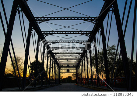 Golden Hour Glow on Wells Street Truss Bridge, Silhouette in Fort Wayne 118953343