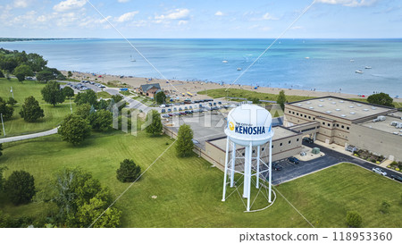 Aerial View of Kenosha Water Tower and Busy Lakeside Beach 118953360