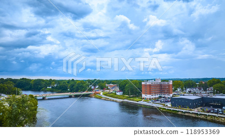 Aerial View of Mishawaka Riverside Town with Bridge and High-Rise Building Aerial View of Mishawaka Riverside Town with Bridge and High-Rise Building 118953369