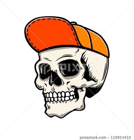 Illustration of a skull in skateboarder cap. Design element for poster, card, banner, sign. Vector illustration 118953410