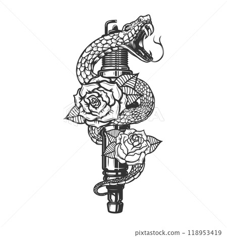 Illustration of the snake on spark plug and roses. Design element for poster, t shirt, card, banner. Vector illustration 118953419