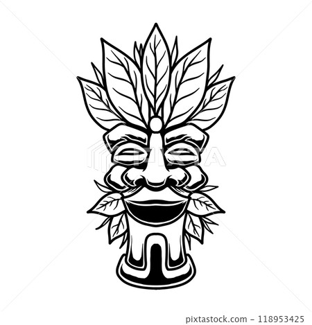Illustration of tiki idol in monochrome style. Design element for poster, card, banner, emblem, sign. Vector illustration 118953425