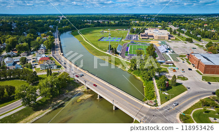 White River splitting neighborhood and Muncie Central and Indiana Early College High School aerial White River splitting neighborhood and Muncie Central and Indiana Early College High School aerial 118953426