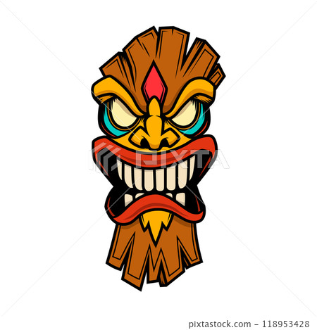 Illustration of tiki idol. Design element for poster, card, banner, emblem, sign. Vector illustration Illustration of tiki idol. Design element for poster, card, banner, emblem, sign. Vector illustration 118953428