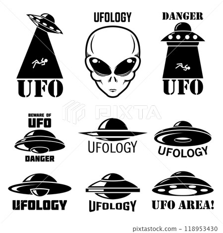 Set of emblems with ufo, alien. Ufology signs. Vector illustration 118953430