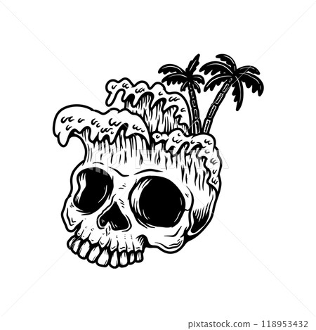 Illustration of skull with wave. Summer theme. Design element for poster, card, banner, emblem, sign. Vector illustration 118953432
