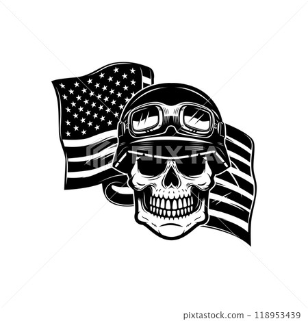 Racer skull on usa flag background. Biker skull. Design element for poster, card, banner, sign. Vector illustration 118953439
