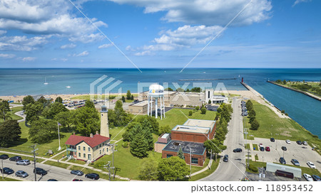 Aerial View of Kenosha Lighthouse Water Tower and Lake Michigan Aerial View of Kenosha Lighthouse Water Tower and Lake Michigan 118953452