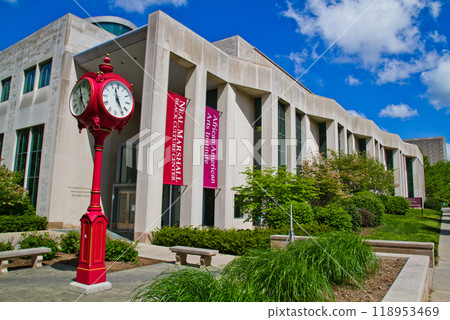 Red Clock and Modern Campus Building at Bloomington University 118953469
