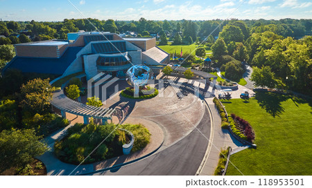 Minnetrista Museum and Gardens, bright summer day aerial of building and sculpture 118953501