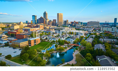 Aerial Downtown Indianapolis Skyline at Golden Hour with Park and River 118953502