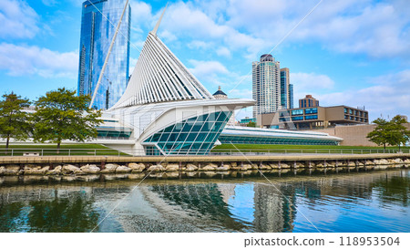 Aerial View of Modern Waterfront Pavilion, Milwaukee Skyscrapers Aerial View of Modern Waterfront Pavilion, Milwaukee Skyscrapers 118953504