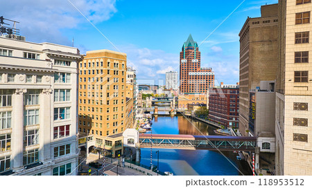 Aerial View of Milwaukee River and Urban Architecture 118953512