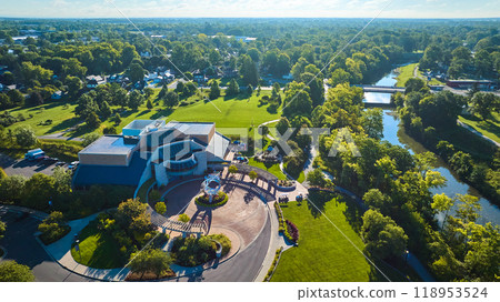 Minnetrista Museum and Gardens building and sculpture aerial, bright summer day Minnetrista Museum and Gardens building and sculpture aerial, bright summer day 118953524
